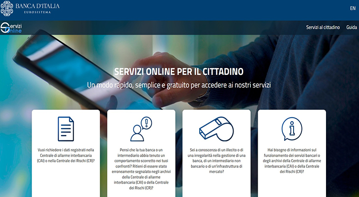 Portale dei servizi online Banca d'Italia: dal 13 aprile, unico canale telematico per CR, CAI, esposti