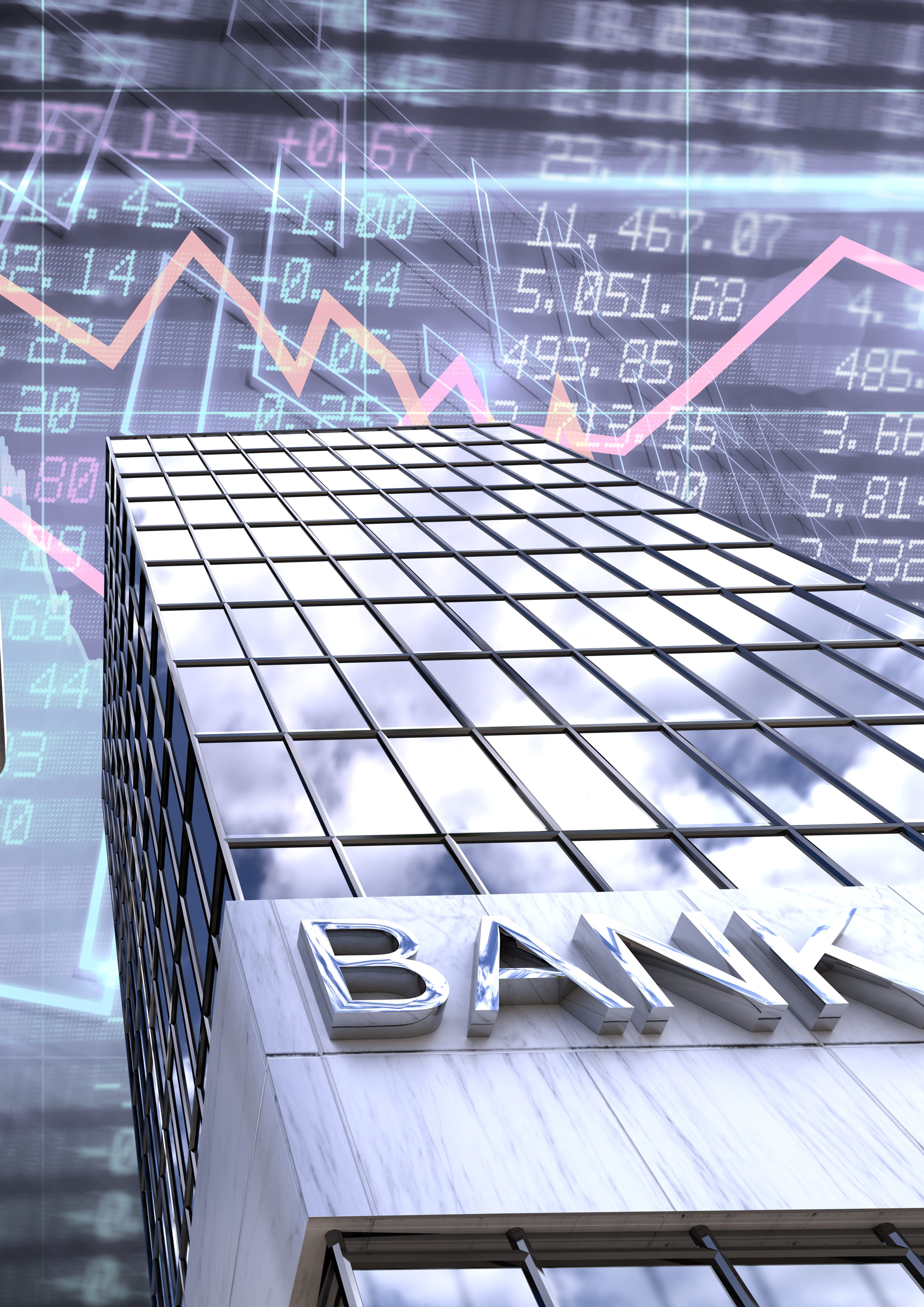 Digital composite of Tall buildings bank with economic finance background