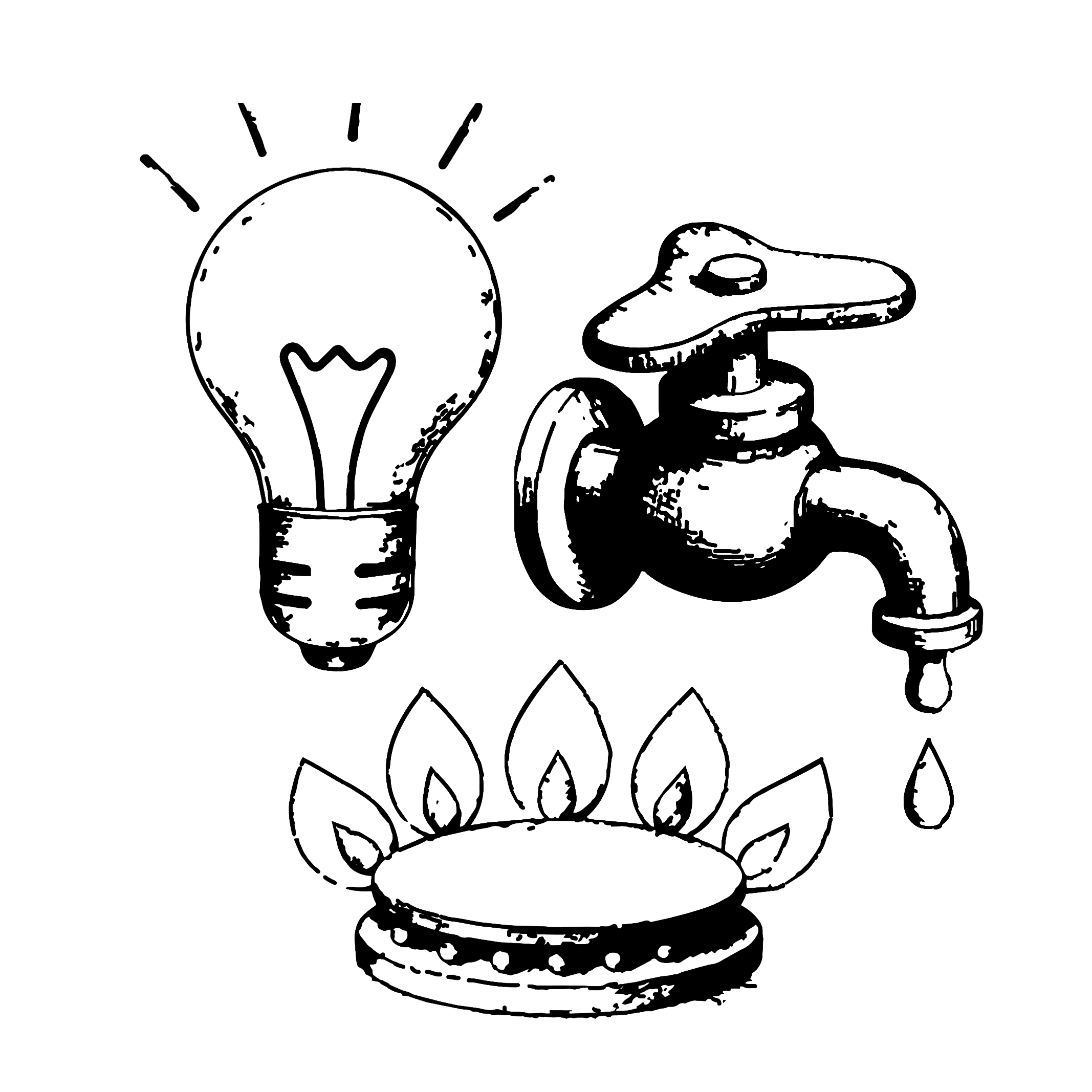 icon of a light bulb, a water tap and gas hob