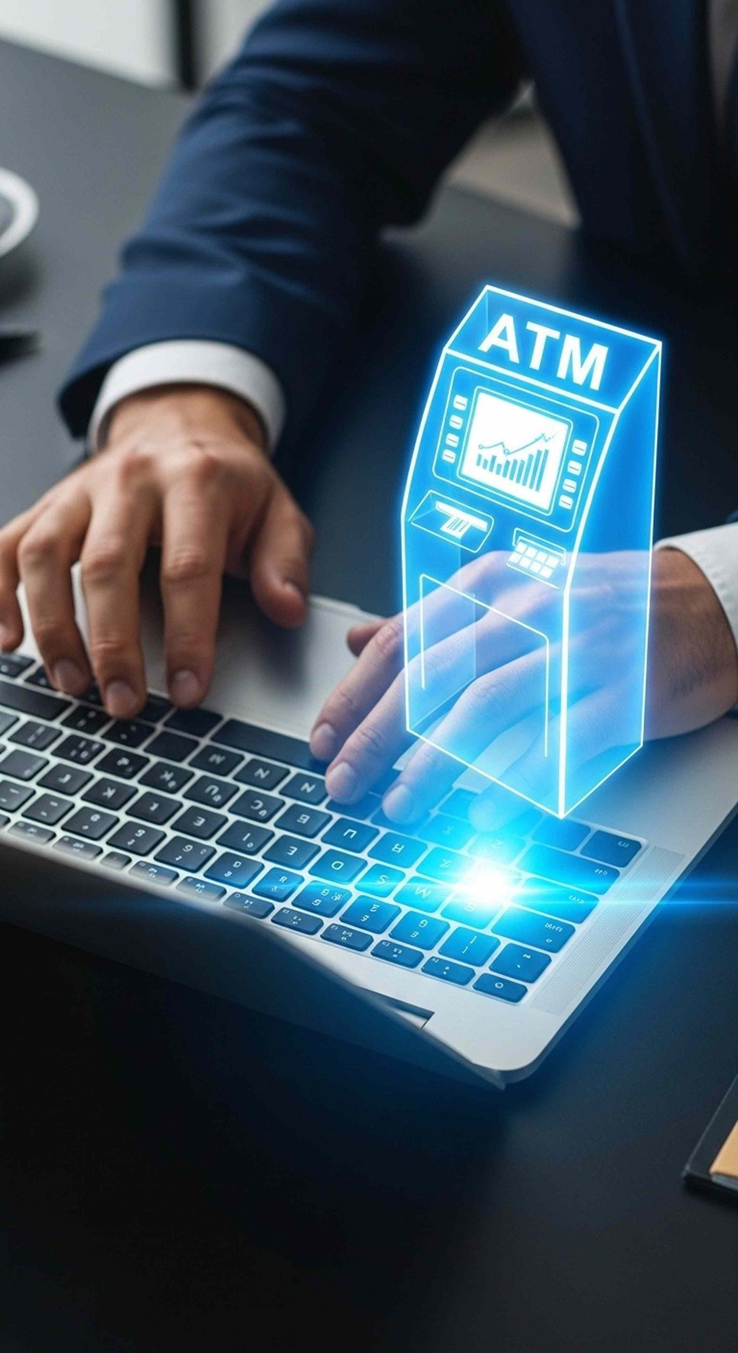 A businessman using a laptop with an ATM graphic on the keyboard in a modern office setting.