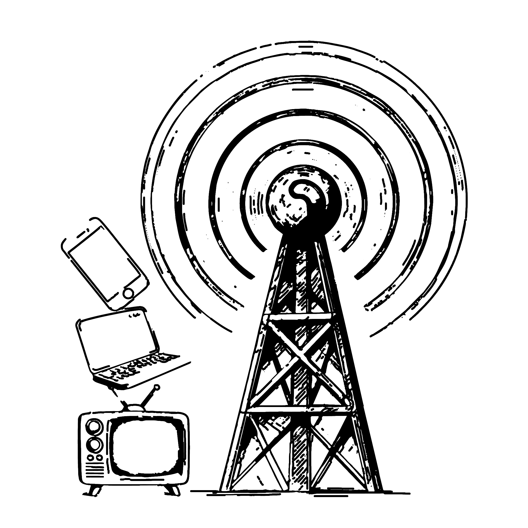 icon of a large antenna with a tv, a laptop and a smartphone